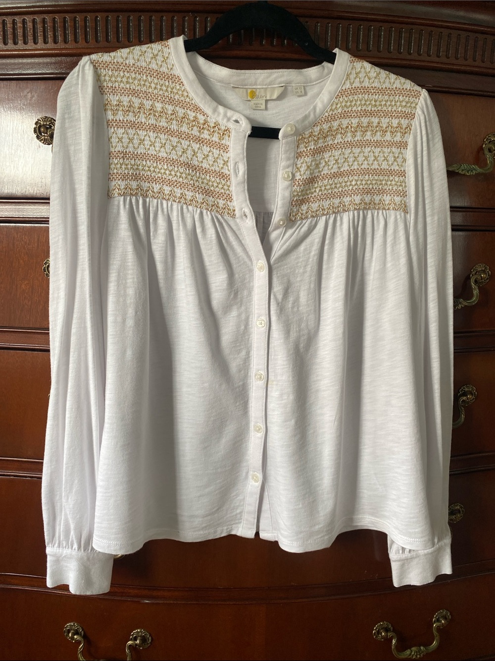 Boden White Button-Front Top with Gold Smocked Embroidered Yoke